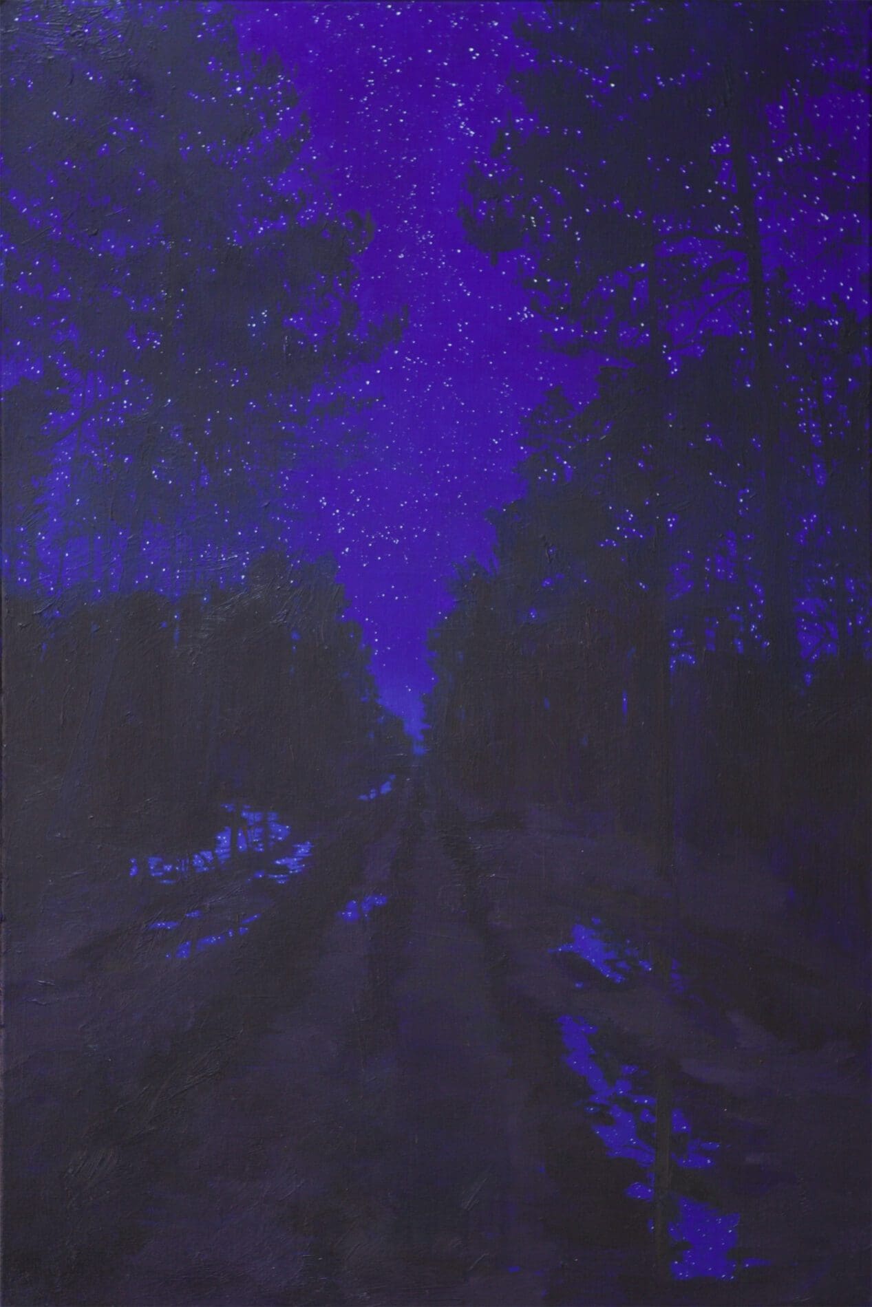 Nocturnal forest painting blue stars Claire Cansick