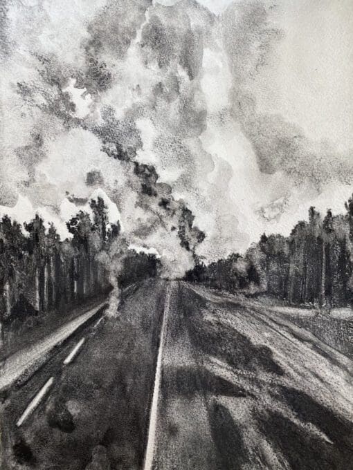Charcoal drawing of a forest fire on both sides of a road by Claire Cansick