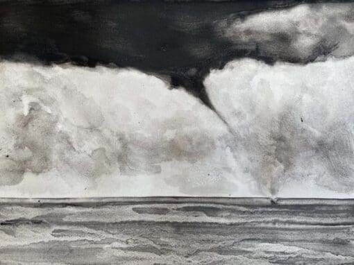 Charcoal drawing of a waterspout storm cloud over the sea
