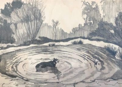 Raven - pencil on wood drawing of a dog standing in a pond by Claire Cansick