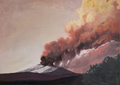 Birthday Candle painting of a volcano in pinks and oranges by Claire Cansick