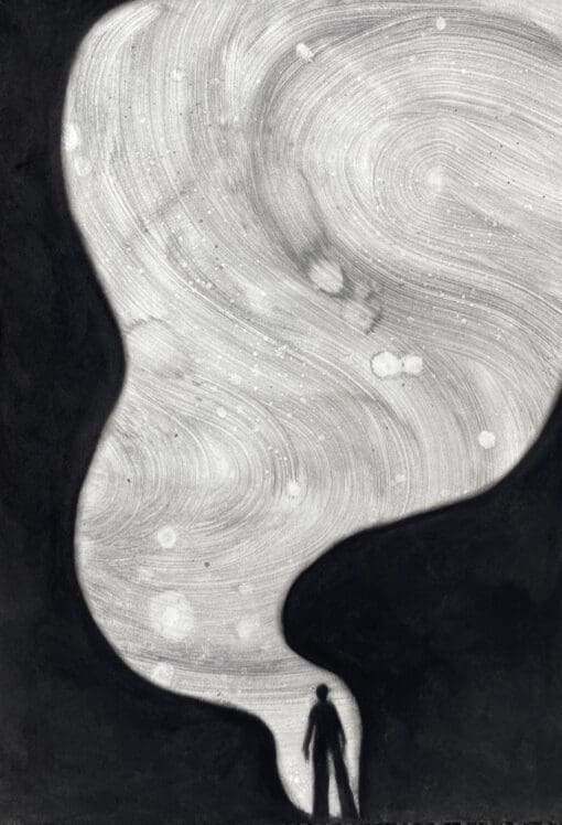 Charcoal drawing of a figure contained in a swirling mass of movement encased in darkness by Claire Cansick