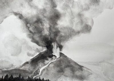 Charcoal drawing of volcano Kiluea erupting by Claire Cansick