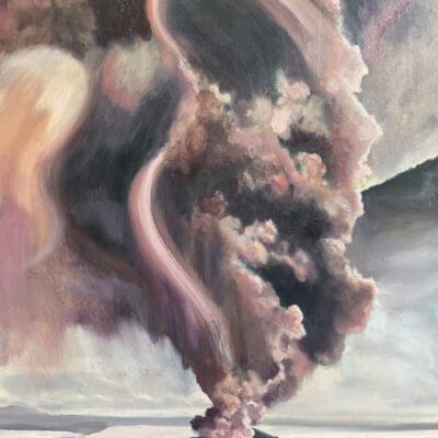Phreatic Eruption volcano painting in pinks and violets by Claire Cansick