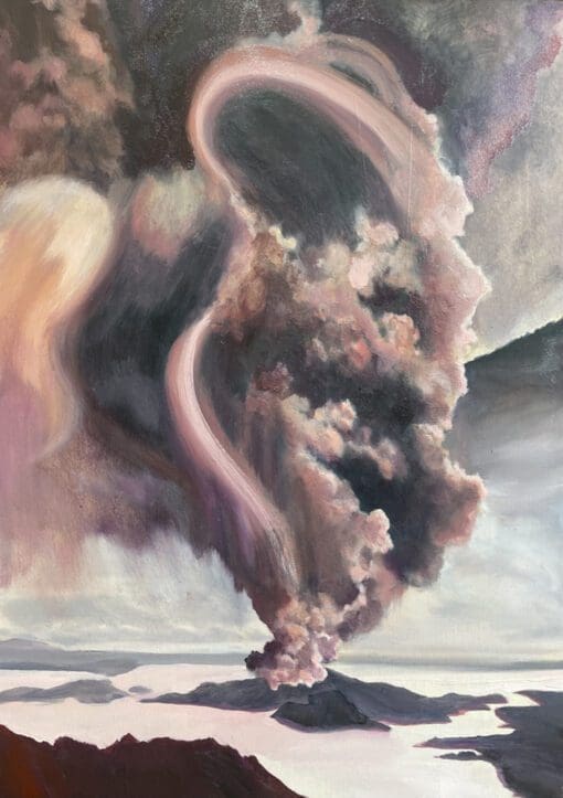 Phereatic Eruption volcano painting in pinks and violets by Claire Cansick