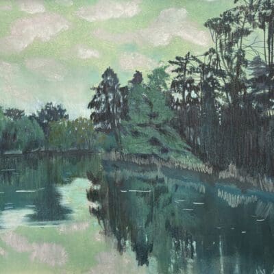 Round the River Bend pastel drawing in green by Claire Cansick