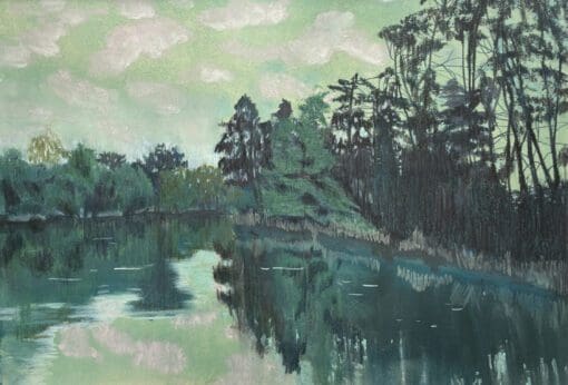 Round the River Bend pastel drawing in green by Claire Cansick