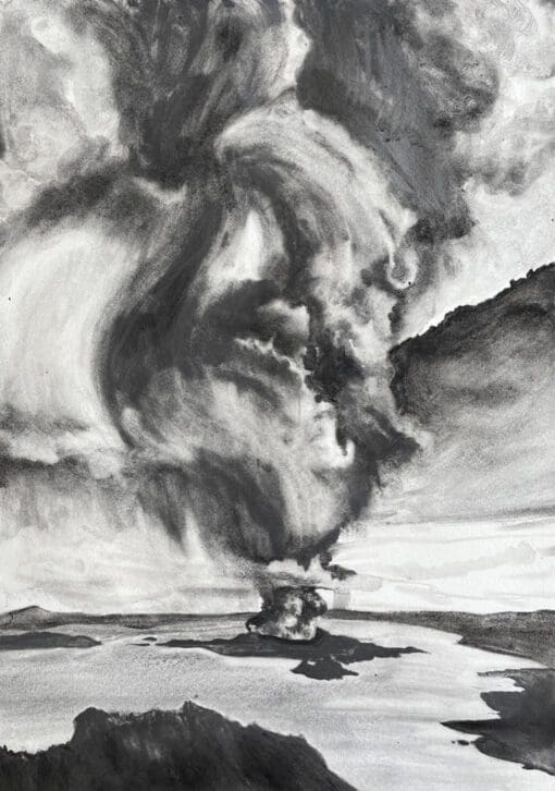 Charcoal drawing of a volcano erupting in the sea forming new lan mass by Claire Cansick