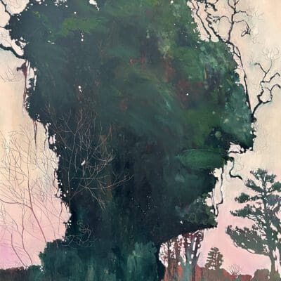 The Thinking Tree a painting of a head shaped tree smothered in ivy with a pink sky and reflective puddle