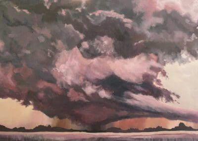 Hurricane painting in pinks of a hurricane approaching