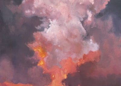 Painting of Cumbre Veija erupting with fire and lava below in orange and a plume of pink smoke