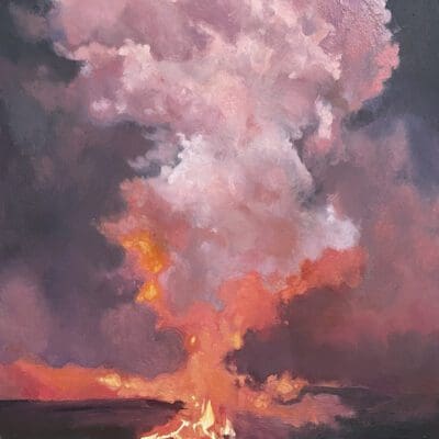 Painting of Cumbre Veija erupting with fire and lava below in orange and a plume of pink smoke