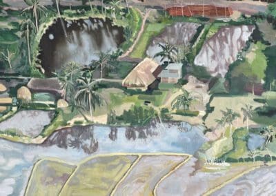 Flooded Landscape painting in soft colours of flooded fields surrounding houses and palm trees, with reflections.