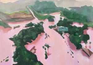 Waterline III oil painting of a flooded landscape with trees and houses reflected in the pinkish water