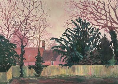 Painting of a wooded garden in winter beyond a fence laden with ivy in pinks and greens.