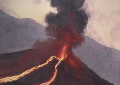 Painting of La Palma volcano erupting with a plume of smoke and rivers of lava in purples and reds.