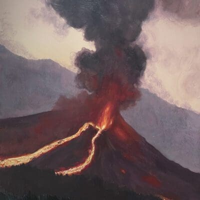 Painting of La Palma volcano erupting with a plume of smoke and rivers of lava in purples and reds.