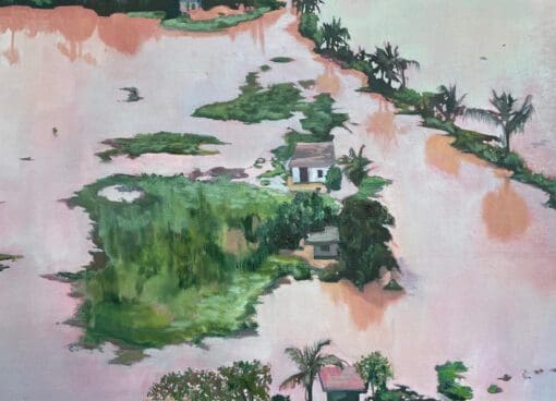 Waterline I painting of a flood in a tropical landscape in pinks and greens