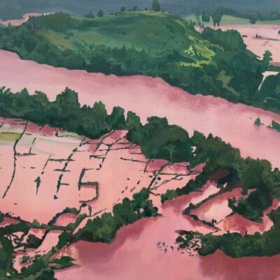 Waterline II painting of a flood in a tropical landscape in pinks and greens
