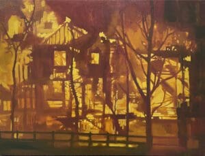 oil painting of a house on fire in Colorado wildfires with burning trees, in oranges reds and browns.