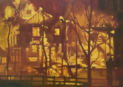 oil painting of a house on fire in Colorado wildfires with burning trees, in oranges reds and browns.