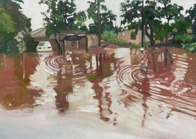 oil painting of two women wading in flood water in Mozambique after cyclone Ana, with a backdrop of trees, cars and houses overwhelmed with water 2022- by Claire Cansick