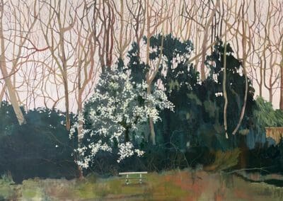 oil painting of a bench in front of a bank of trees with a flowering blackthorn