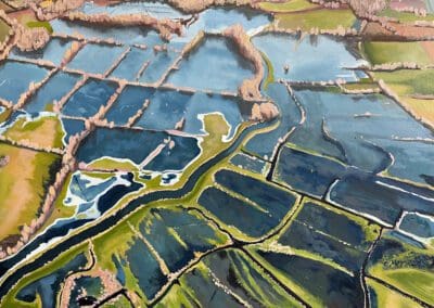 Oil painting of floods in Geldeston, Norfolk as seen from a drone by Claire Cansick