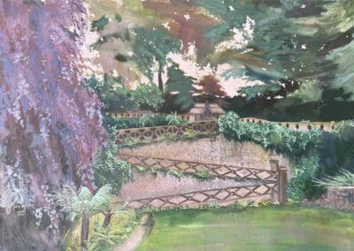 painting of the back Plantation Gardens Norwich in purples greens and pinks.