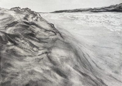 Charcoal drawing of a wave coming in to shore by Claire Cansick