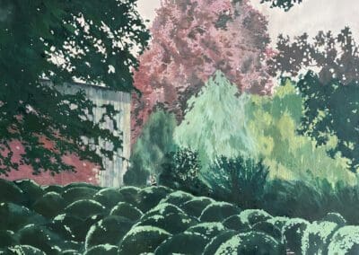painting of James Turrell's Skyspace installation surrounded by trees with topiary balls in the foreground and a young woman holding a baby mid scene. Greens and pinks dominate.