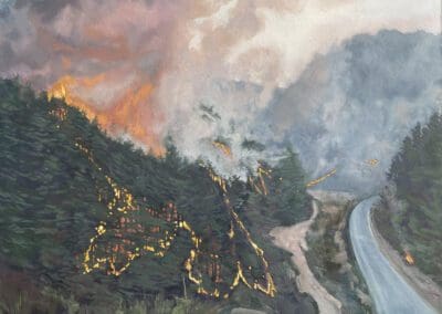 Painting of a snake of wildfires on a hillside through a forest, with smoke billowing pinkish in the sky and a road curving past.