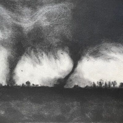 Charcoal drawing of two distant twin tornadoes descending from a swirling black sky with a grey silhouetted flat landscape in the foreground and trees along the horizon.