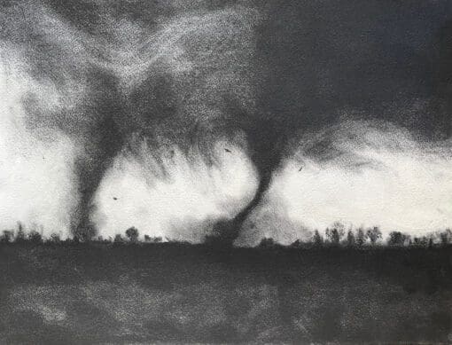 Charcoal drawing of two distant twin tornadoes descending from a swirling black sky with a grey silhouetted flat landscape in the foreground and trees along the horizon.