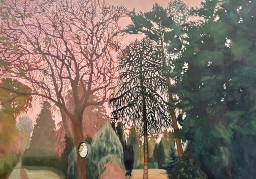 There is Hush in the Trees oil painting of mature trees in gardens
